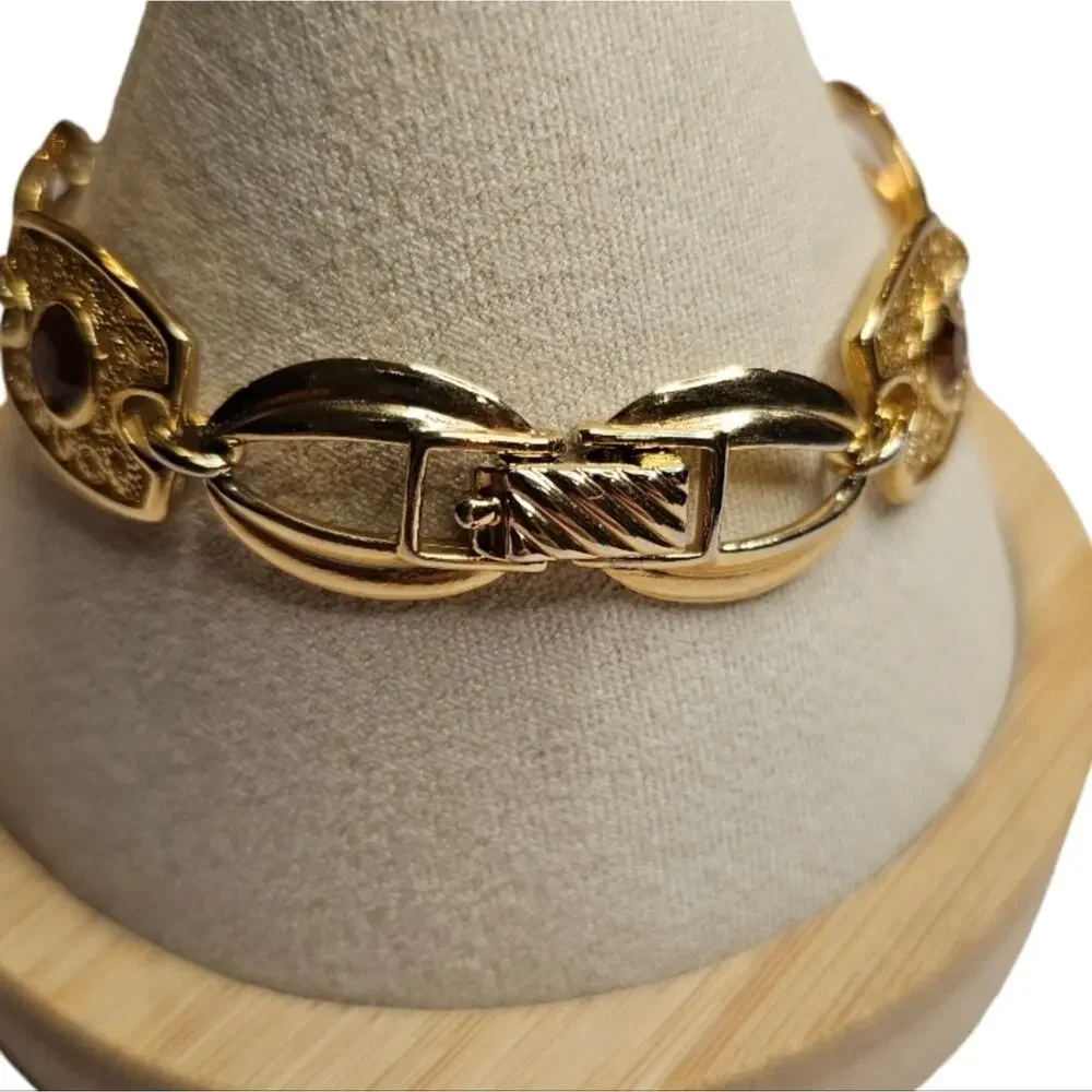 Vintage Sarah Coventry Amber Colored Stones Open Filigree Linked Bracelet